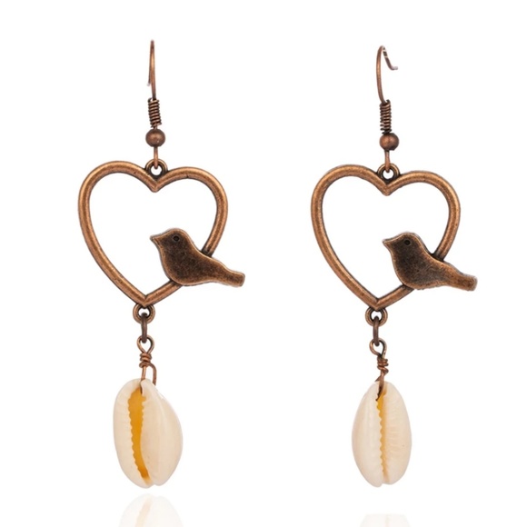 Bronze Bird Heart Cowrie Shell Drop Earrings - Picture 8 of 8